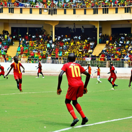 Home 11 ** A vibrant and energetic scene of a Guinean football (soccer) match. Show passionate fans in the stands, and players actively engaged in the game, highlighting the popularity and excitement of football in Guinea.
**