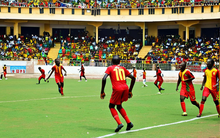 ** A vibrant and energetic scene of a Guinean football (soccer) match. Show passionate fans in the stands, and players actively engaged in the game, highlighting the popularity and excitement of football in Guinea.

**
