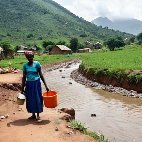 Home 6 Water Source Challenge**
A wide shot of a Guinean village nestled near a mountain stream. Women in modest, colorful clothing are collecting water in containers. Show some signs of environmental challenges like soil erosion near the water source, but nothing graphic. Emphasize the natural beauty of the landscape contrasted with the daily struggle for clean water. Safe for work, appropriate content, fully clothed, family-friendly. Perfect anatomy, correct proportions, natural pose, professional photography, high quality.
**