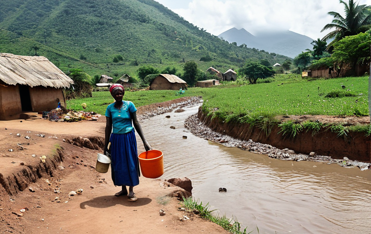 Water Source Challenge**

A wide shot of a Guinean village nestled near a mountain stream. Women in modest, colorful clothing are collecting water in containers. Show some signs of environmental challenges like soil erosion near the water source, but nothing graphic. Emphasize the natural beauty of the landscape contrasted with the daily struggle for clean water. Safe for work, appropriate content, fully clothed, family-friendly. Perfect anatomy, correct proportions, natural pose, professional photography, high quality.

**