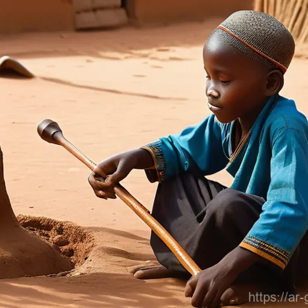 기니 출신 유명 아티스트 - A vivid, detailed photograph depicting a young Mory Kanté (around 8-10 years old) in a bustling, tra...