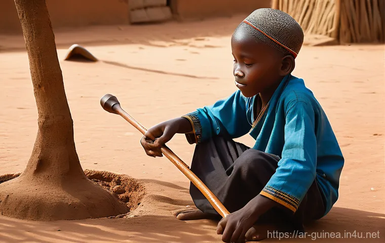 기니 출신 유명 아티스트 - A vivid, detailed photograph depicting a young Mory Kanté (around 8-10 years old) in a bustling, tra...