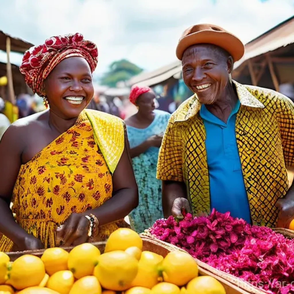 기니에서 가장 많이 소비되는 음료 - **Guinean Bissap Market Scene:** A vibrant, bustling open-air market in Guinea on a sunny day. The f...