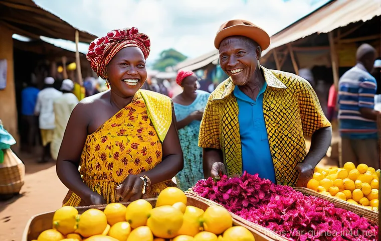 기니에서 가장 많이 소비되는 음료 - **Guinean Bissap Market Scene:** A vibrant, bustling open-air market in Guinea on a sunny day. The f...