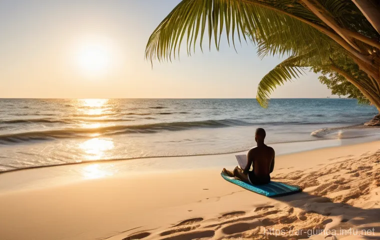 기니에서 즐길 수 있는 워터 스포츠 - **Prompt 2: Enchanted Mangrove Kayaking**
    A visually rich scene depicting a person (wearing appr...