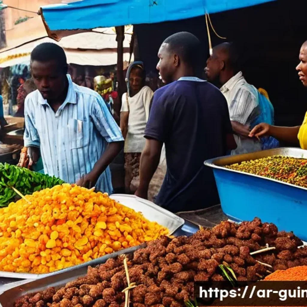 기니 거리 음식 체험 - **Vibrant Guinean Street Market at Sunset:** A bustling, lively street market scene in a Guinean cit...