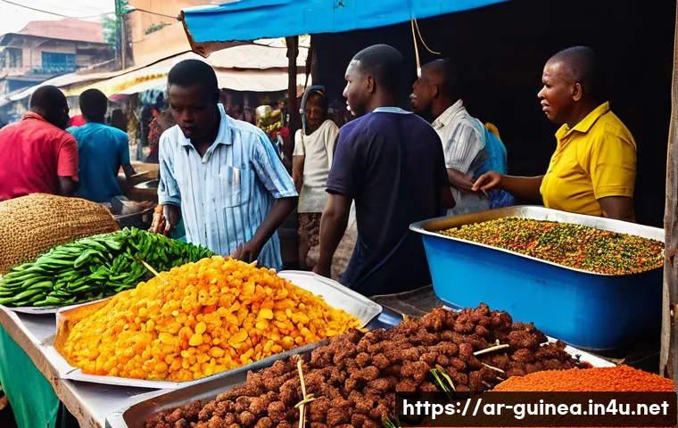 기니 거리 음식 체험 - **Vibrant Guinean Street Market at Sunset:** A bustling, lively street market scene in a Guinean cit...