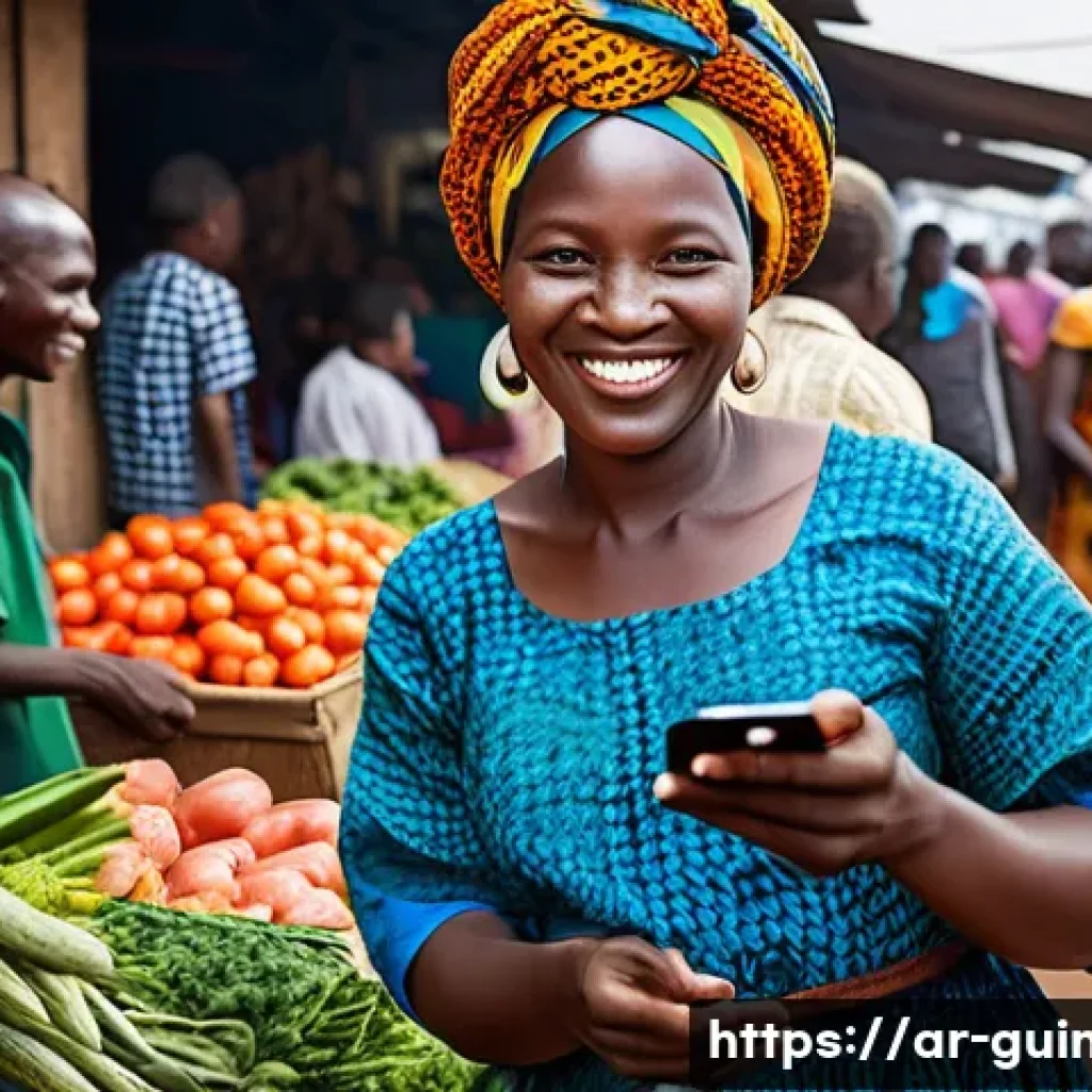 기니에서 모바일 결제 서비스 이용법 - **Prompt 1: Bustling Market Modernity**
    A vibrant, sunlit open-air market in Conakry, Guinea, fi...