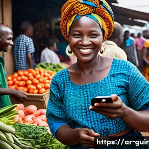 Home 33 기니에서 모바일 결제 서비스 이용법 - **Prompt 1: Bustling Market Modernity**
A vibrant, sunlit open-air market in Conakry, Guinea, fi...