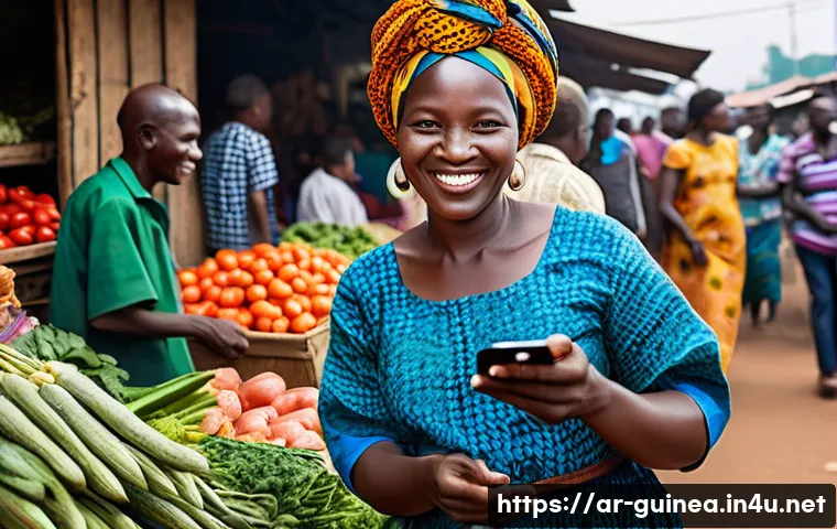 기니에서 모바일 결제 서비스 이용법 - **Prompt 1: Bustling Market Modernity**
    A vibrant, sunlit open-air market in Conakry, Guinea, fi...