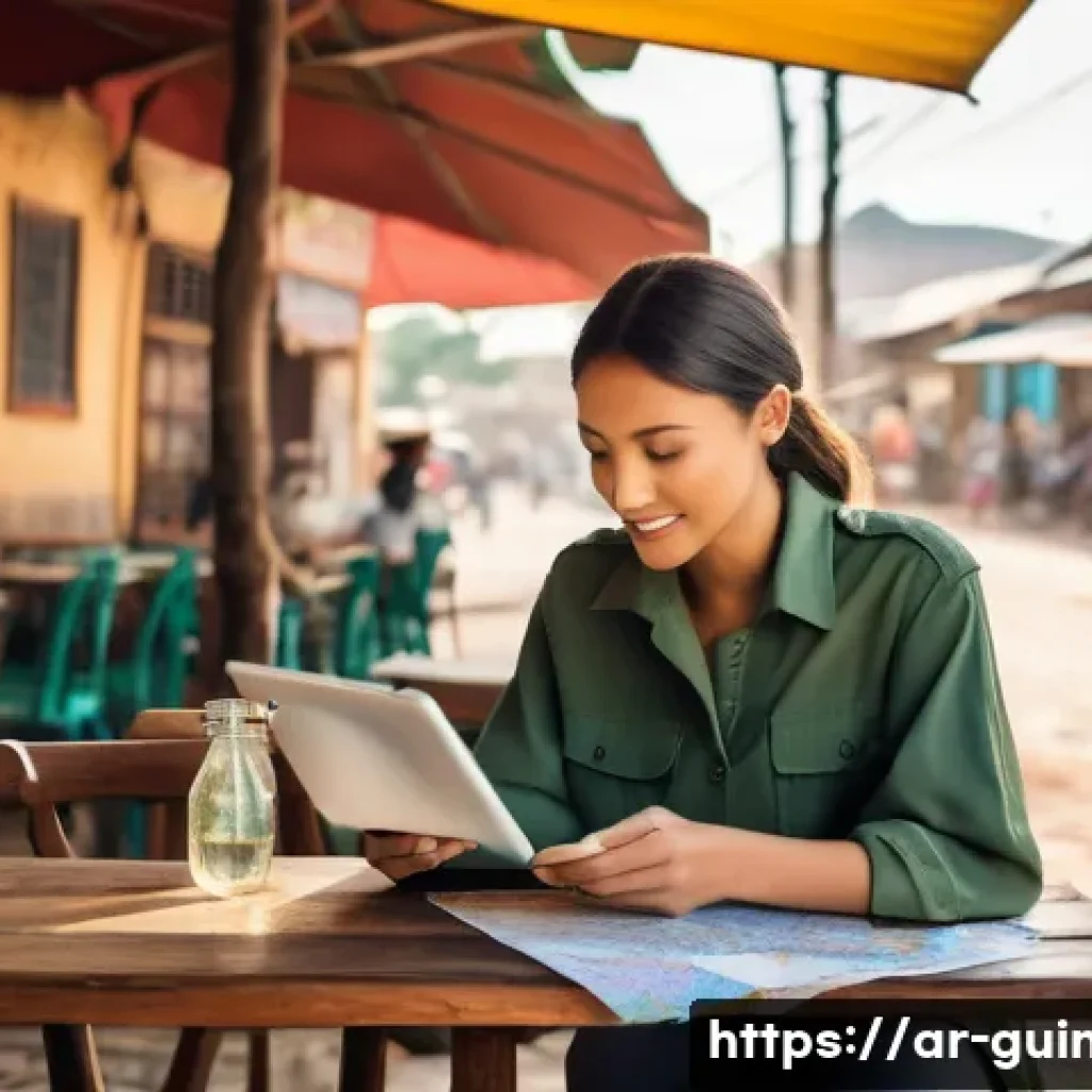 기니에서 자동차 정비소 찾는 법 - A female traveler, dressed in practical and modest safari-style clothing (such as long-sleeved shirt...
