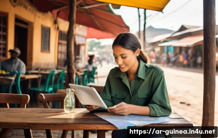 기니에서 자동차 정비소 찾는 법 - A female traveler, dressed in practical and modest safari-style clothing (such as long-sleeved shirt...