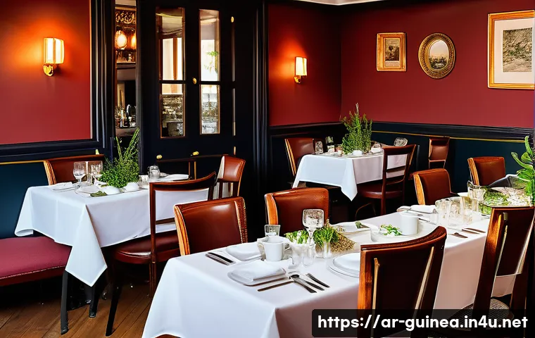기니에서 접할 수 있는 외국 음식점 - A cozy French restaurant interior in Guinea inspired by classic Parisian cafes, featuring elegant wo...