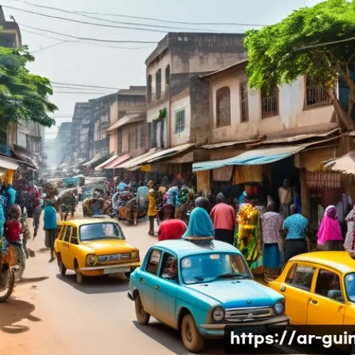 Home 30 기니에서 장거리 이동 시 추천 교통수단 - A bustling Guinean city street scene during daylight, featuring a diverse group of locals using vari...