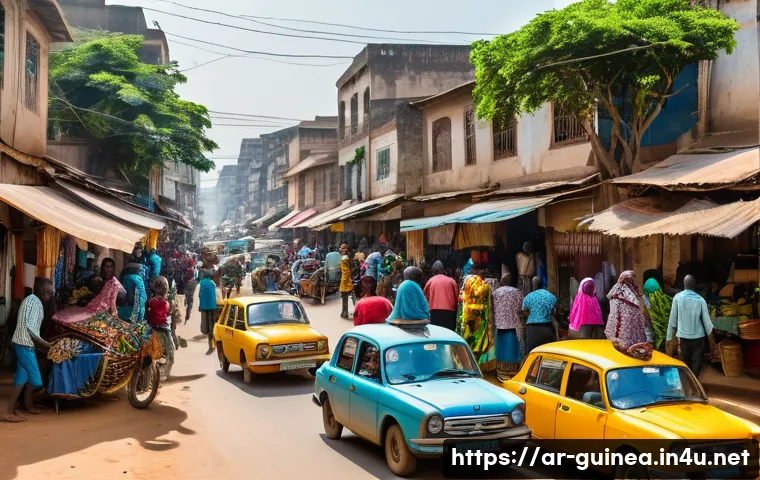 기니에서 장거리 이동 시 추천 교통수단 - A bustling Guinean city street scene during daylight, featuring a diverse group of locals using vari...