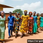 Home 23 알파 콩데 정치 행보 - A vibrant street scene in Guinea showcasing a diverse group of young people engaging in a community ...