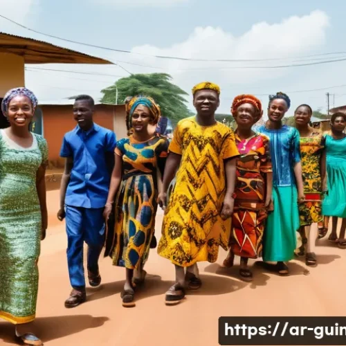 Home 17 알파 콩데 정치 행보 - A vibrant street scene in Guinea showcasing a diverse group of young people engaging in a community ...