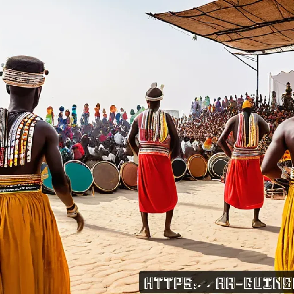 기니의 유명 인물 - A vibrant scene of a traditional Guinean cultural festival blending with modern artistic expressions...