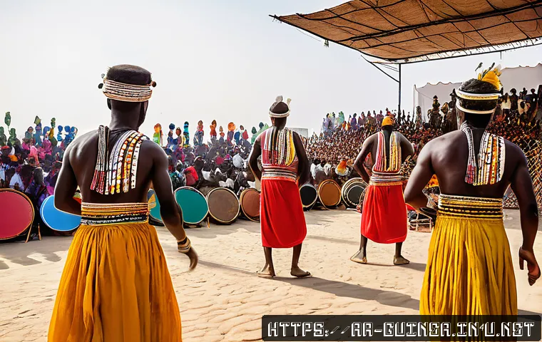 기니의 유명 인물 - A vibrant scene of a traditional Guinean cultural festival blending with modern artistic expressions...