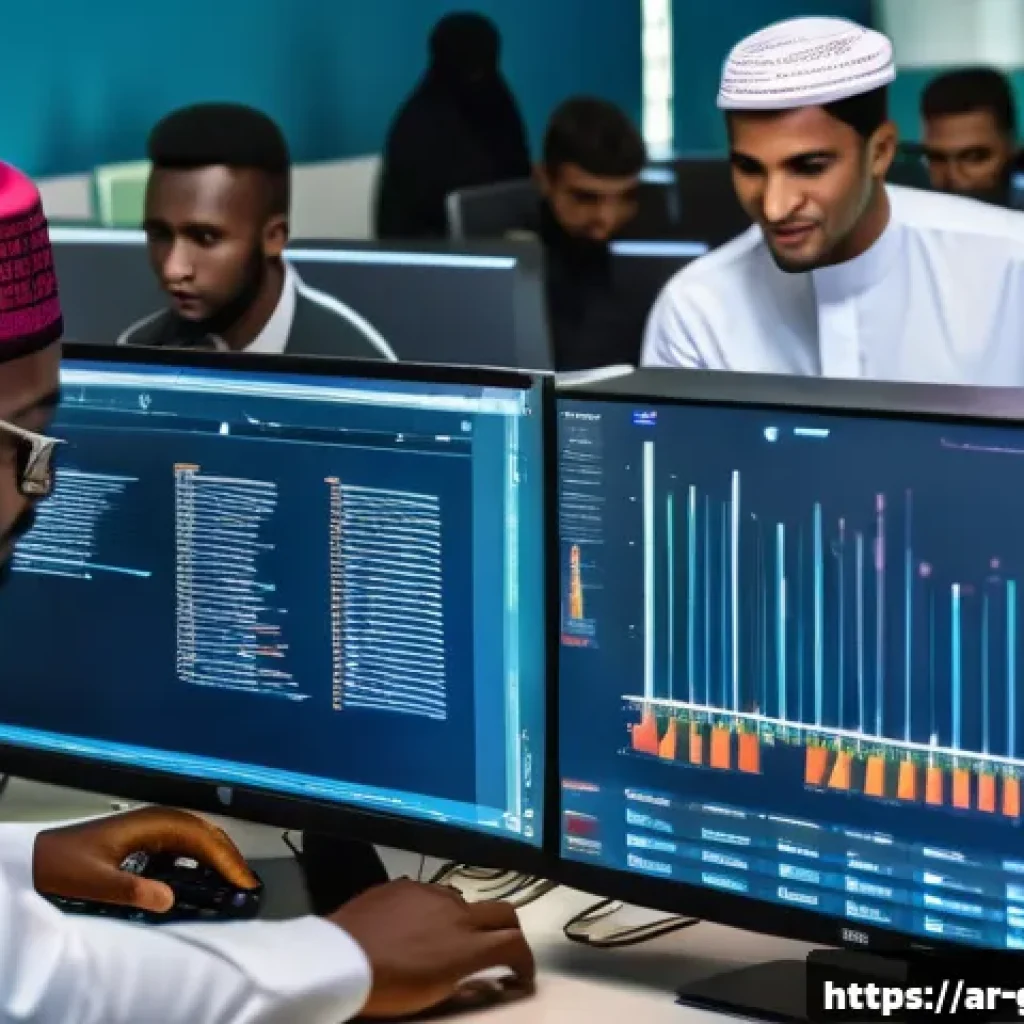 기니 노동시장과 직업 전망 - A vibrant digital workspace scene in Conakry, Guinea, featuring young Arab professionals wearing mod...