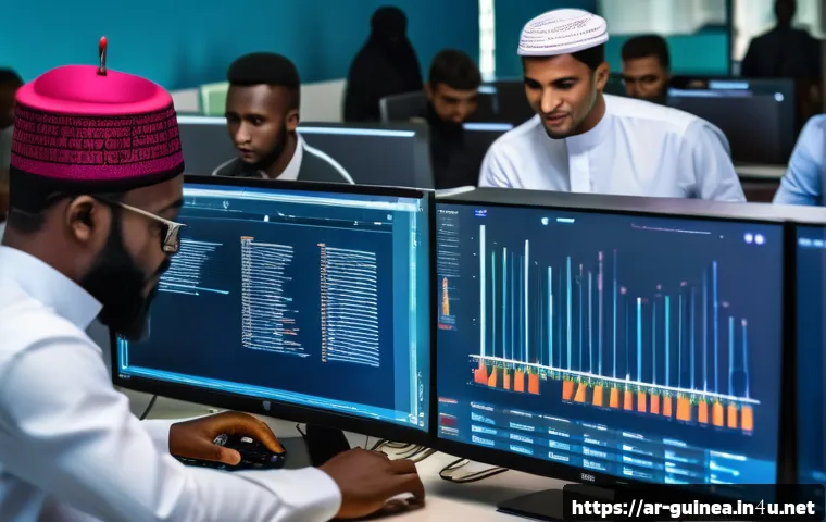 기니 노동시장과 직업 전망 - A vibrant digital workspace scene in Conakry, Guinea, featuring young Arab professionals wearing mod...