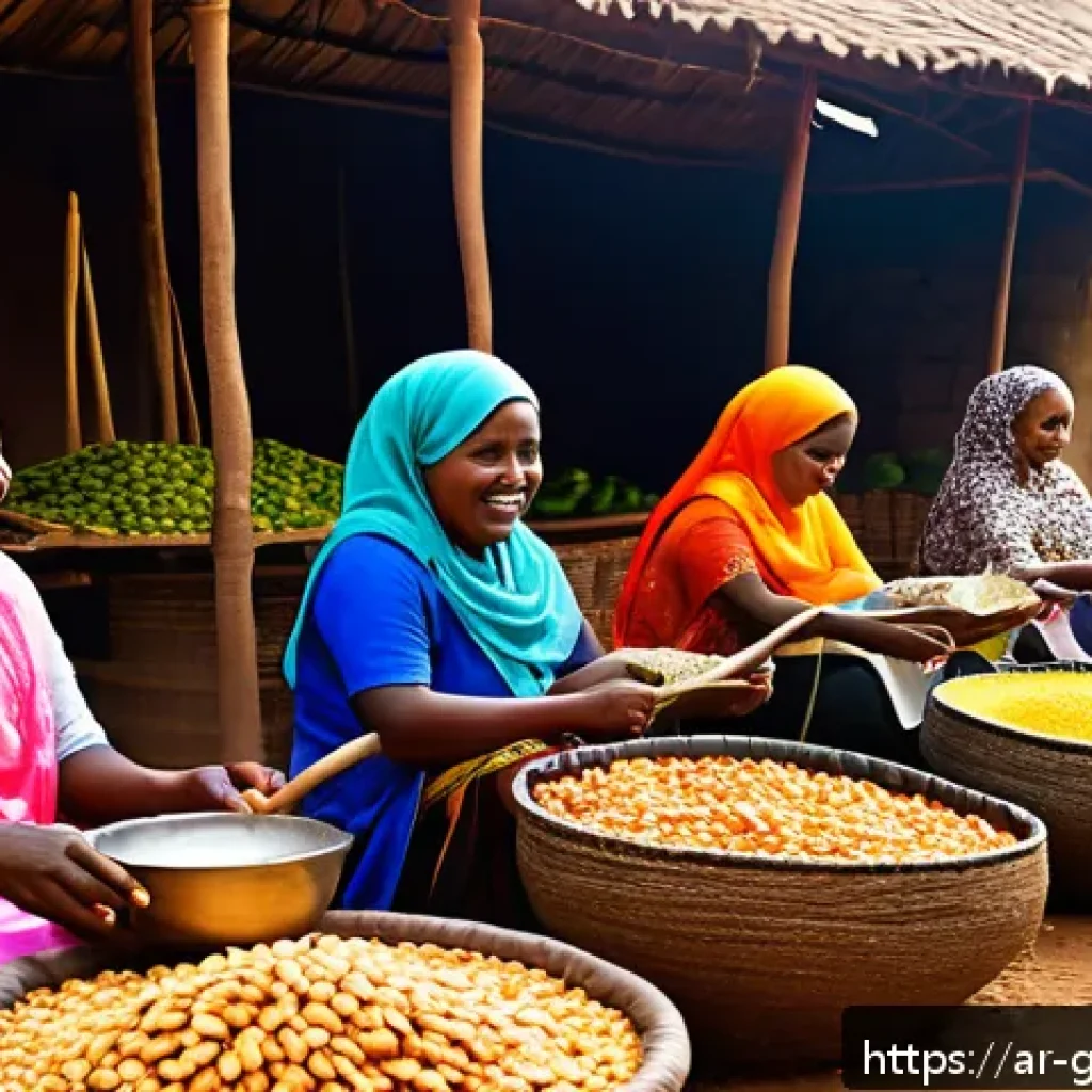 기니에서 전통적으로 소비되는 스낵 - A vibrant traditional Guinean outdoor market scene at sunset, featuring a diverse group of women wea...