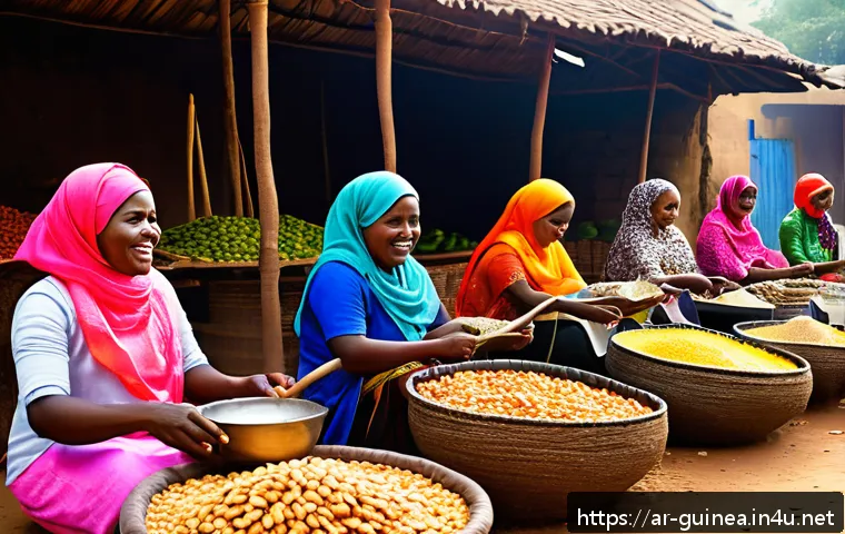 기니에서 전통적으로 소비되는 스낵 - A vibrant traditional Guinean outdoor market scene at sunset, featuring a diverse group of women wea...