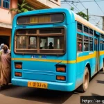 기니 내 대중교통 이용법 - A bustling urban scene in Conakry, Guinea, featuring a crowded public bus filled with diverse passen...