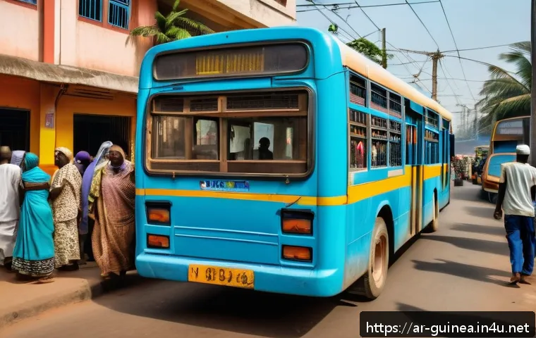 기니 내 대중교통 이용법 - A bustling urban scene in Conakry, Guinea, featuring a crowded public bus filled with diverse passen...
