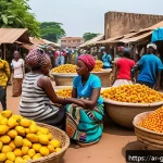 코나크리 여행 가이드 - A vibrant traditional market scene in Conakry, Guinea, bustling with local vendors and shoppers nego...