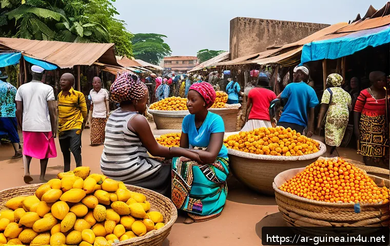 코나크리 여행 가이드 - A vibrant traditional market scene in Conakry, Guinea, bustling with local vendors and shoppers nego...