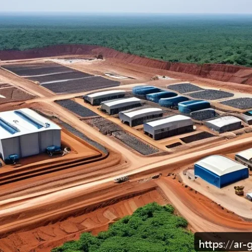 기니에서 채굴되는 광물 자원 - A detailed aerial view of a modern mining operation in Guinea, showcasing advanced smart mining tech...
