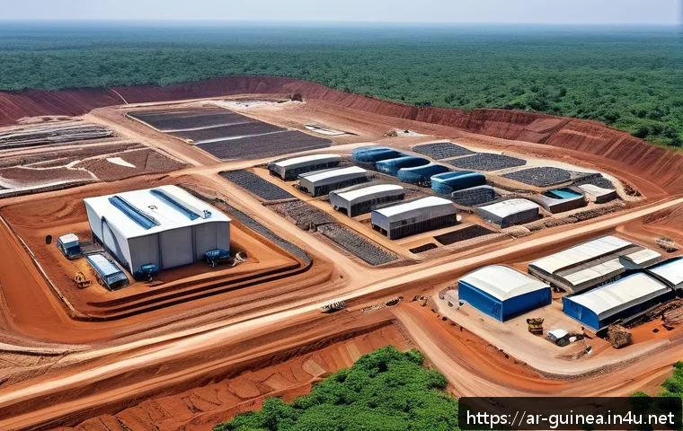 기니에서 채굴되는 광물 자원 - A detailed aerial view of a modern mining operation in Guinea, showcasing advanced smart mining tech...
