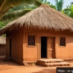 기니에서 전통 가옥과 현대식 주거 형태 비교 - A traditional Guinean village house made of natural materials like clay, wood, and palm leaves, feat...