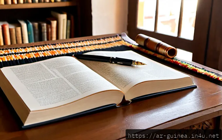 Home 17 기니에서 출판된 유명 문학 작품 - Photorealistic editorial scene of a celebrated Guinean literary novel displayed open on a polished w...