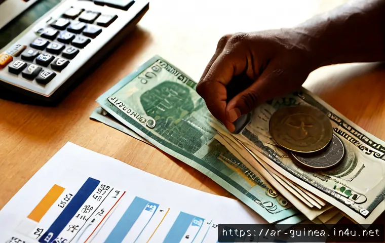 기니에서 사용되는 화폐 및 환율 - Photorealistic close-up of Guinea franc banknotes and coins arranged beside a generic currency excha...